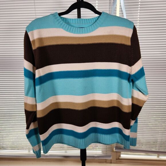 Mountain Lake $45 XL Turquoise Brown Cream Stripe Crew Neck Knit Sweater Y2K - Picture 1 of 9